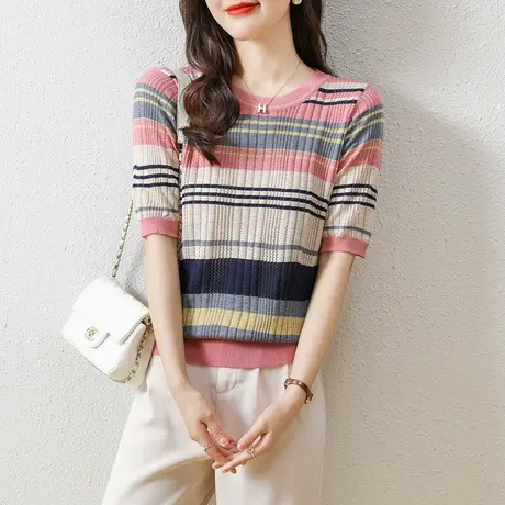 夏季女士短袖条纹T恤薄款套头打底针织衫韩版宽松百搭彩条上衣图片