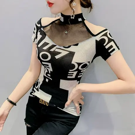 露肩短袖女夏季新款欧货性感网纱T恤衫紧身洋气上衣印花百搭小衫图片