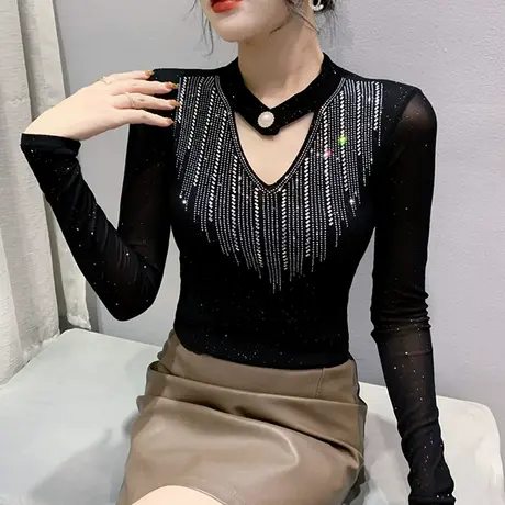 春秋性感V领网纱打底衫女内搭洋气质修身T恤长袖心机镂空烫钻上衣商品大图