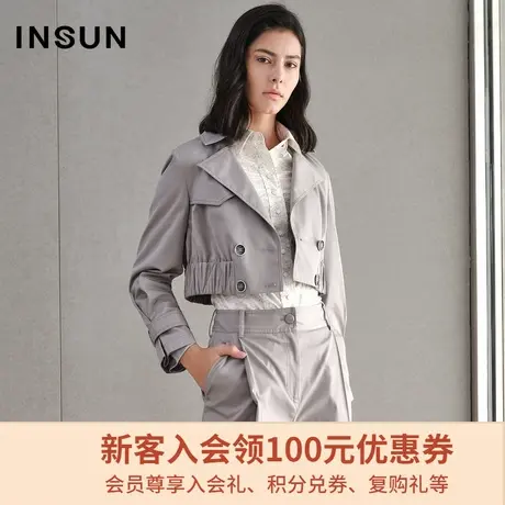 恩裳商场同款春季新通勤OL褶皱风衣式双排扣短外套女宽松长袖图片