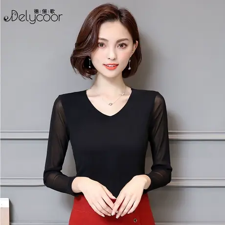 V领网纱打底衫女春秋长袖2023新款黑色内搭蕾丝上衣修身百搭小衫图片