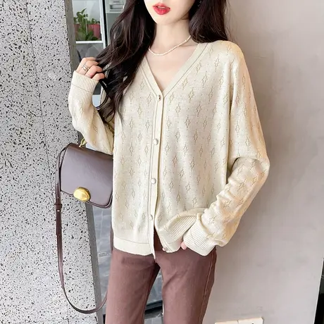 秋季2023年新款v领女士毛衣针织开衫外套薄款设计感春秋外搭上衣图片