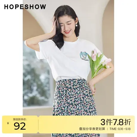 红袖outlets宽松落肩短袖女装2022春季新款初音未来烫钻圆领T恤商品大图