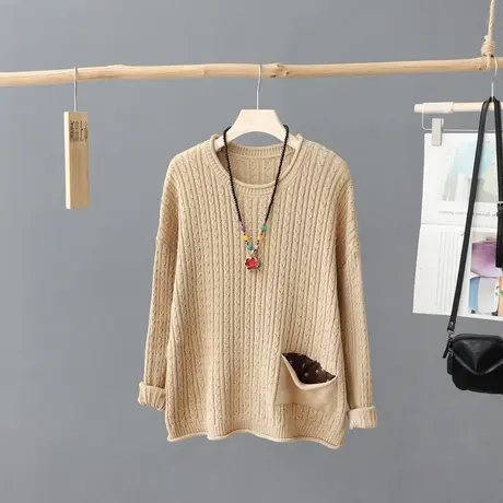 复古文艺麻花圆领针织毛衣女冬季2023年新款宽松打底衫慵懒风上衣图片