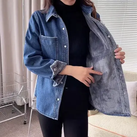 秋冬季韩版加绒保暖牛仔衬衣女长袖宽松百搭休闲加厚打底衬衫上衣商品大图
