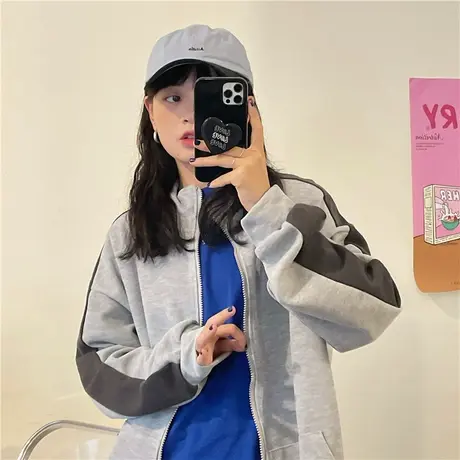 红续韩版运动风休闲宽松撞色半高领开衫卫衣女ins外套潮2023新款图片