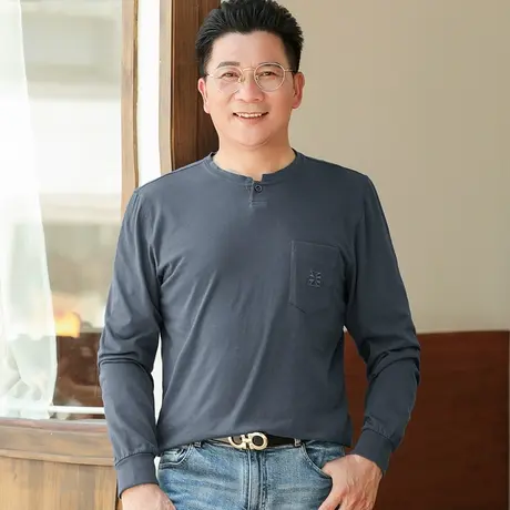 爸爸长袖t恤男士春秋季加厚新款圆领上衣服装中老年人打底体恤衫商品大图