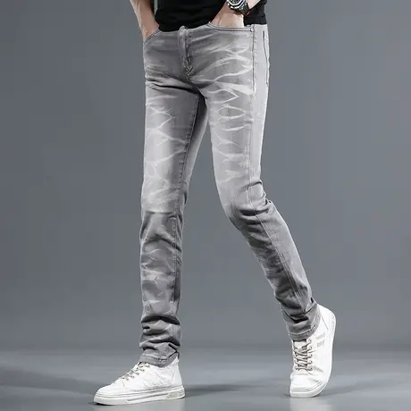 烟灰色牛仔裤男2023夏季新款弹力修身小脚男士潮流个性休闲裤子男商品大图