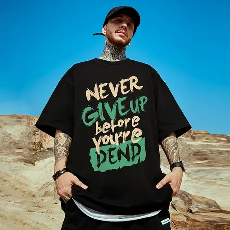 300g重磅美式字母印花短袖t恤街头大码男装黑色圆领纯棉嘻哈半袖商品大图