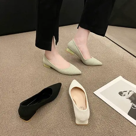 小清新尖头单鞋女2023年春季新款浅口低跟豆豆鞋仙女风上班穿瓢鞋商品大图