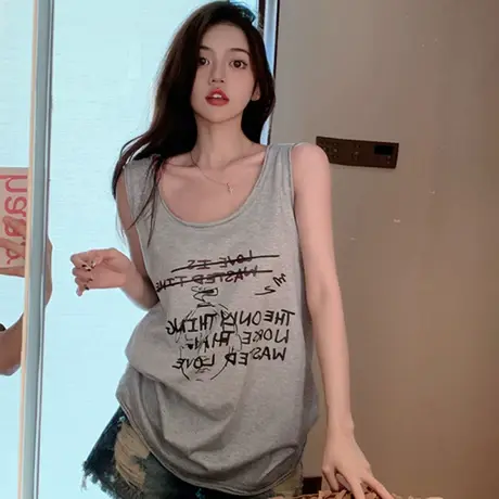 美式复古纯棉吊带运动坎肩背心无袖t恤女夏季外穿篮球服宽松上衣图片