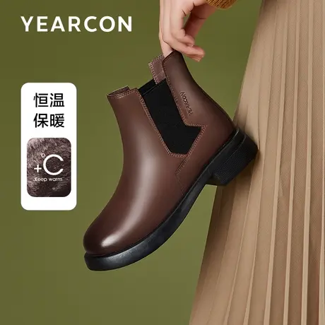 意尔康短靴女2023冬季真皮切尔西靴牛皮粗跟卡其炸街瘦瘦靴短筒图片