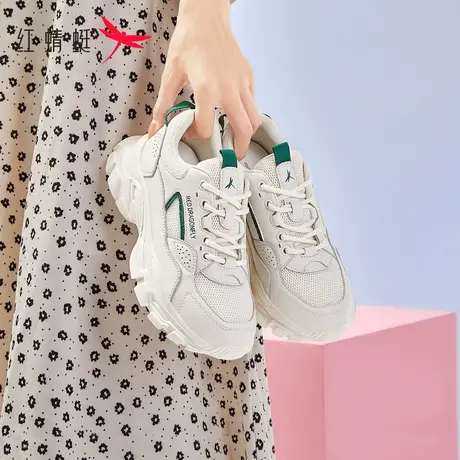 红蜻蜓厚底白色老爹鞋女款夏季2023新款港风显脚小真皮运动休闲鞋图片