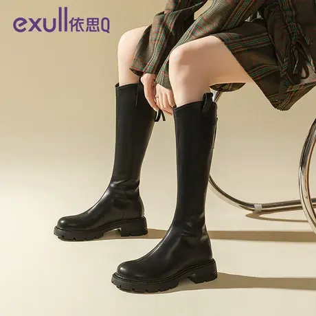 exull/依思Q不过膝长筒靴女2023冬新款中筒靴粗跟长靴骑士靴子商品大图