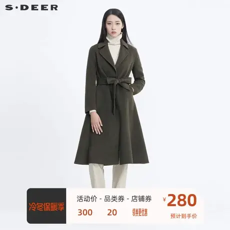 sdeer圣迪奥新时尚翻领收腰拼接长款毛呢大衣女外套S20461803👥图片