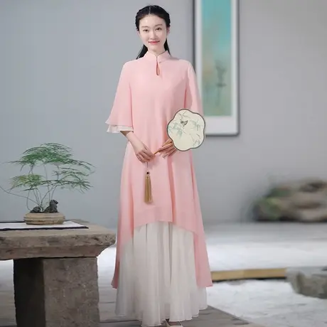 素飞竹沁夏季新中式连衣裙女立领盘扣复古改良粉色中长款裙子套装图片