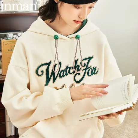 茵曼女装2023春季新款套头连帽衫运动外套宽松卫衣上衣设计感小众图片
