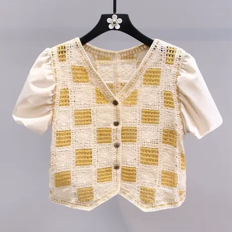 V领短袖格子针织开衫女夏季2023新款设计感小众修身短款镂空上衣图片