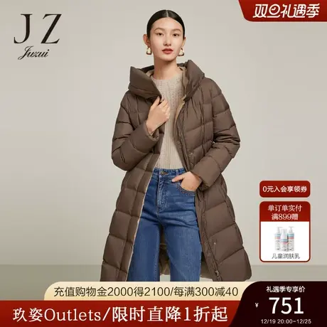 JZ玖姿奥莱新色织暗格纹帽款羽绒服2022冬新款加厚保暖白鸭绒外套商品大图