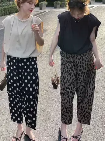 2023夏季新品豹纹裤时尚凉凉裤个性潮流高腰显瘦直筒波点九分裤子商品大图