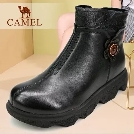 Camel/骆驼女鞋 冬季真牛皮加绒保暖休闲女短靴 拉链平底妈妈靴子图片