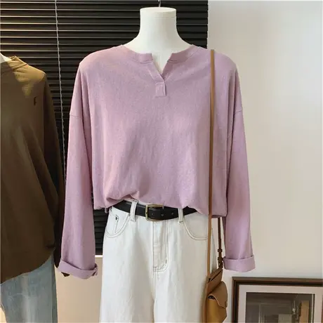 半开圆领纯色雪花棉宽松长袖休闲文艺气质女式上衣秋季新款T恤衫图片