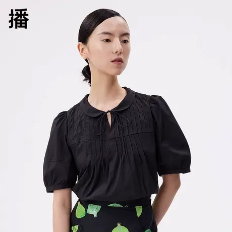 播娃娃领衬衫2023秋新款休闲通勤不对称褶裥系带上衣女DDP4HD4712商品大图