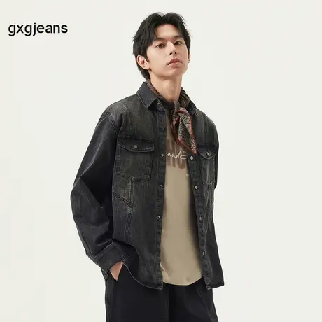 gxg.jeans男装 黑色分割设计时尚水洗翻领牛仔夹克外套男25春新品图片