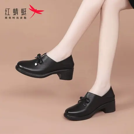 红蜻蜓女鞋春秋款低跟一脚蹬小皮鞋女超软真皮单鞋中老年妈妈牛皮图片