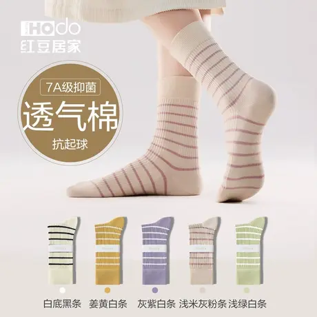 女士抗菌透气中筒袜子春秋冬条纹棉袜运动袜吸汗防臭百搭长袜商品大图