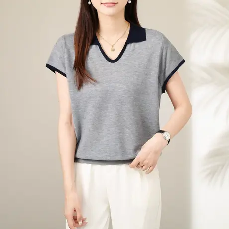 夏季减龄薄款短袖女T恤打底衫上衣宽松休闲韩系POLO领针织小衫女商品大图