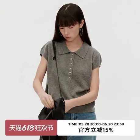 omont蛋挞家100%毛复古polo领小飞袖针织上衣2025春灰色短袖上衣商品大图