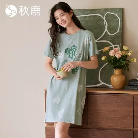 秋鹿柔软透气纯棉睡衣女夏薄款可爱印花可外穿圆领短袖家居服睡裙商品大图