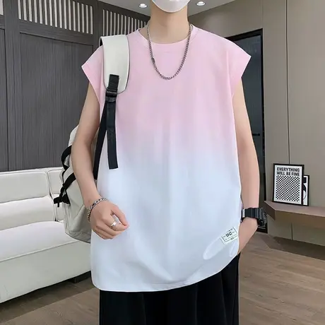 夏季新款渐变色背心男t恤无袖冰丝凉感青少年潮牌高中生外穿坎肩商品大图