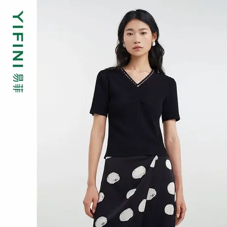 [专柜同款]Yifini/易菲V领短袖钉珠修身气质短款针织衫女D04M1402商品大图