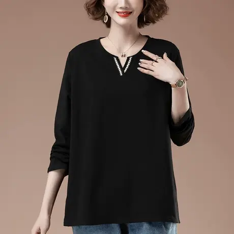 纯棉长袖t恤女春秋季加肥加大码女装宽松中年妈妈纯色显瘦打底衫商品大图