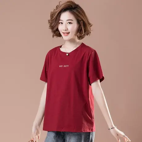 夏季加肥加大码女装宽松显瘦全棉短袖T恤女中年妈妈字母圆领体恤商品大图