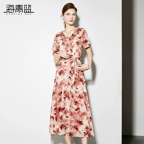 海青蓝复古印花连衣裙女2024夏季新款气质V领显瘦洋气碎花中长裙图片