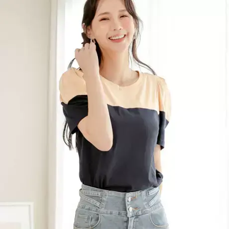 桔熊春夏季韩版气质t恤女休闲泡泡袖圆领拼接套头上衣大码AB17012图片