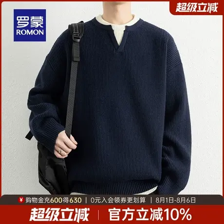 罗蒙男士假两件长袖针织衫2025秋季新款宽松时尚百搭V领套头毛衣商品大图