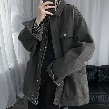 牛仔外套男春秋季潮流宽松休闲黑色上衣服男士翻领外穿衬衫式夹克商品大图