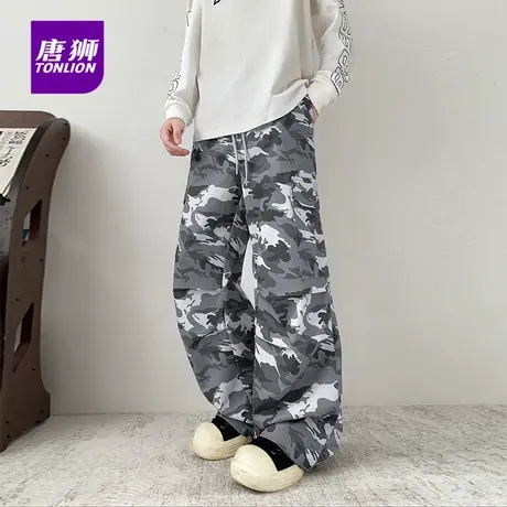唐狮韩系迷彩工装裤男女春秋新款宽松阔腿休闲裤抽绳直筒长裤子AP商品大图