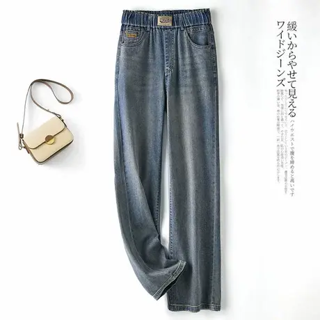 拉夏贝尔松紧高腰牛仔阔腿裤女2025秋新款垂感显瘦百搭窄版直筒裤商品大图