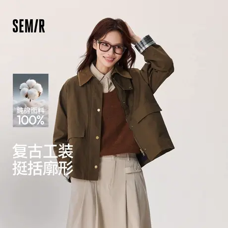 森马外套女插肩袖咖啡色宽松上衣秋季拼接灯芯绒翻领夹克格子复古图片