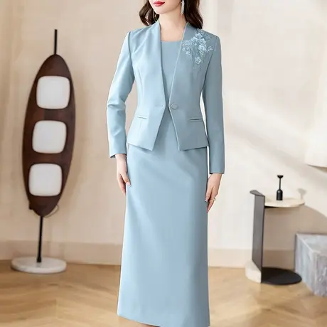 浅蓝色套装女秋款2023新款时尚气质优雅端庄高级感职业西装两件套图片