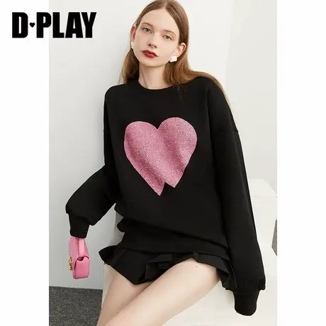 DPLAY年秋季新款ins风简约撞色爱心亮片圆领休闲落肩卫衣商品大图