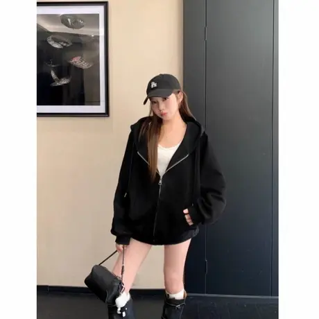 慵懒风黑色气质连帽拉链长袖卫衣女2025秋季宽松百搭休闲上衣外套商品大图