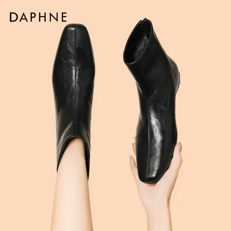 达芙妮黑色短靴女2025新款秋冬法式加绒小踝靴方头气质平底瘦瘦靴图片