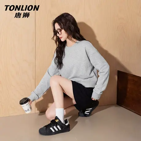 唐狮官方短款圆领卫衣女2026新款春宽松大码套头外套小个子上衣VC图片