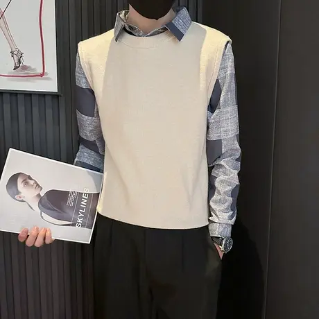 衬衫领毛衣假两件男秋冬季2023新款潮流个性高级感休闲内搭针织衫商品大图